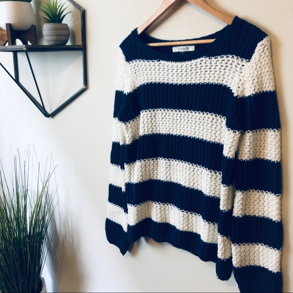 White & Navy Blue Striped Open-Knit Sweater
